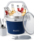 7 Liter Insulated Ice Bucket With Lid, Scoop and Tongs, Blue, holding ice and beverages with shoulder strap and tools beside