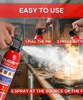 Multipurpose Fire Extinguisher Set 4 Pack 21 Ounce Cans With Wall Mount Bracket in use spraying kitchen grease fire