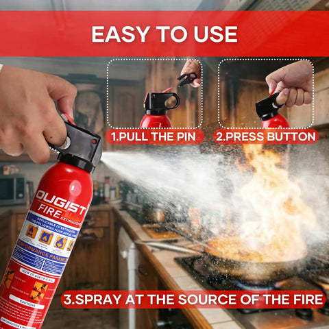 Multipurpose Fire Extinguisher Set 4 Pack 21 Ounce Cans With Wall Mount Bracket in use spraying kitchen grease fire