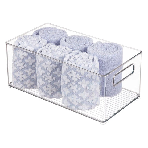 Deep Plastic Storage Organizer Bin For Bath And Shower Neat Stows Shampoo Vitamins Med Supplies And Beauty Tools 2 Pack Clear with rolled towels