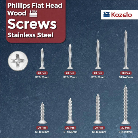 Stainless Steel Wood Screws Set 160 Pcs Phillips Flat Head Self Tapping Countersunk Screws In ST3x20/25/30/40 And ST4x20/25/30/40 Mm Rust Resistant 304 For Tough Projects Durable Outdoor Indoor Fasteners