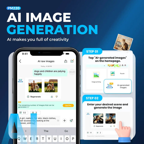 AI image generation app interface on smartphone showcasing editing steps and creativity options on a blue background.