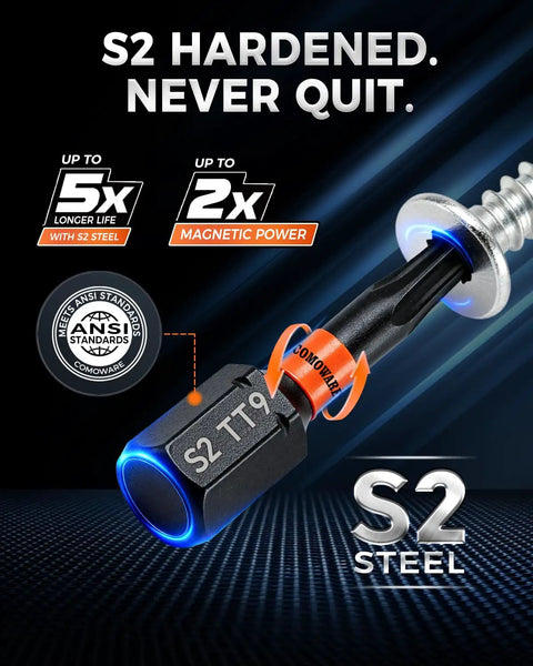 Impact Torx Bit Set, 27-Piece, S2 Steel, showcasing S2 hardened bit for durability and magnetic power, CNC security Torx bits.