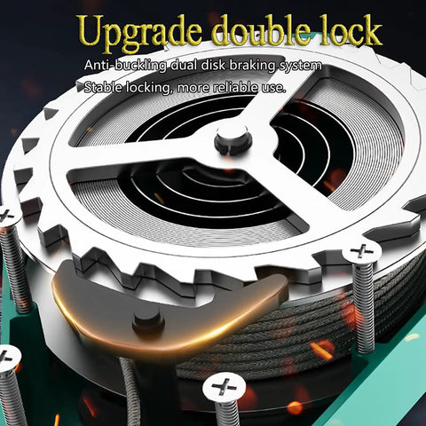 Rock Solid Safety Fall Protection Kit double locking mechanism detail, braided steel cable, aerial work, factory floors