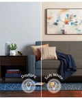 Living room scene showing comparison between daylight and soft white lighting effects on decor and couch.