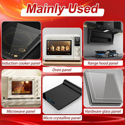 Image showing various applications: induction cooker, oven, range hood, microwave, micro crystalline, hardware glass panels.