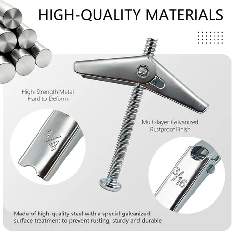 Heavy Duty Metal Drywall Anchor Kit With Toggle Bolts And Wing Nuts In Three Sizes 1/8 Inch 3/16 Inch And 1/4 Inch Includes 28 Umbrella Butterfly Hollow Wall Anchors For Shelves Ceiling Mounts And Secure Drywall Installations showing toggle bolt details and sizes.