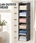 Heavy Duty Six Shelf Hanging Closet Organizer With Roomy Side Pockets And Foldable Design with folded clothes in six compartments.