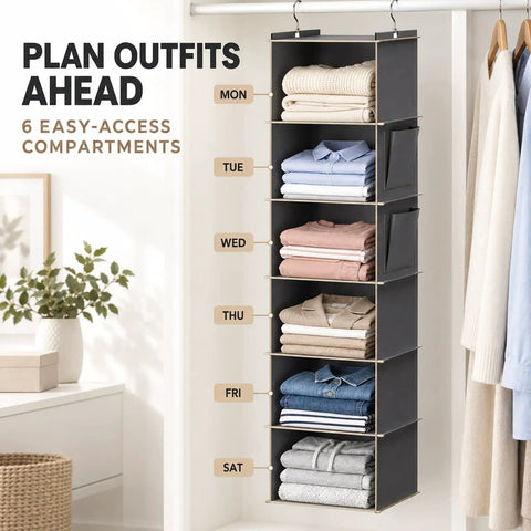 Heavy Duty Six Shelf Hanging Closet Organizer With Roomy Side Pockets And Foldable Design with folded clothes in six compartments.
