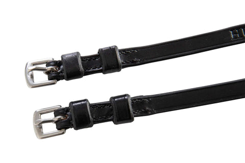Premium English Leather Spur Straps For Equestrian Riding, 20 Inch Black, Half Inch Wide with stainless buckles and double keepers.