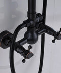 Close-up of Oil Rubbed Bronze Rain Shower System With 8 Inch Round Overhead Rain Shower Head And Handheld Spray Dual Function 2 Knob Mixer