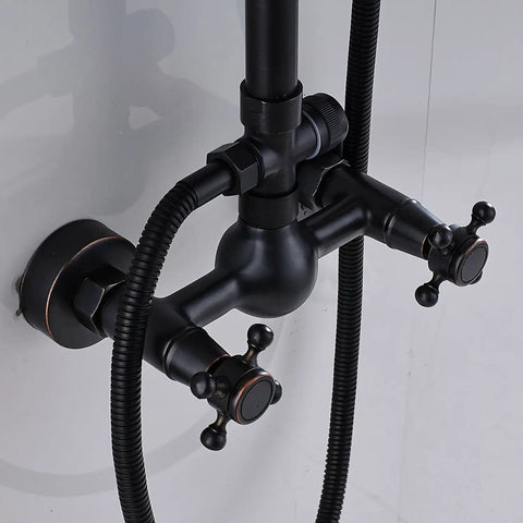 Close-up of Oil Rubbed Bronze Rain Shower System With 8 Inch Round Overhead Rain Shower Head And Handheld Spray Dual Function 2 Knob Mixer