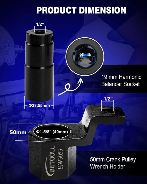 Product dimensions of No Nonsense Pro Grade Harmonic Balancer Socket 19mm and 50mm Crank Pulley Wrench Holder Kit for Honda and Acura.