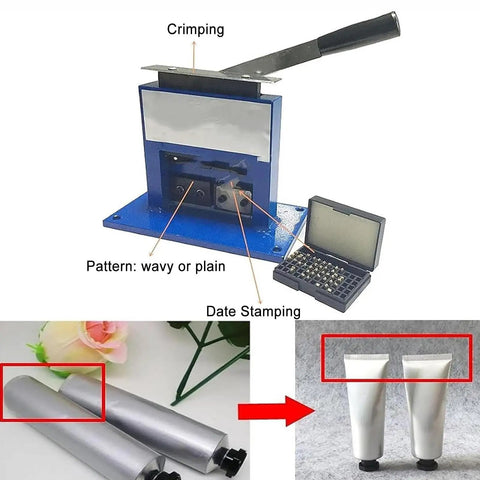Ultimate Manual Metal Hose Sealer Crimping Machine For Cosmetics Tube Closure showing crimping tool with date stamping feature.