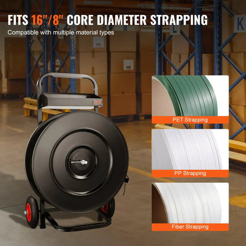 Heavy Duty Banding Strapping Cart Smooth Operator Rig For Pet Pp And Fiber Rolls with various strapping sizes displayed.