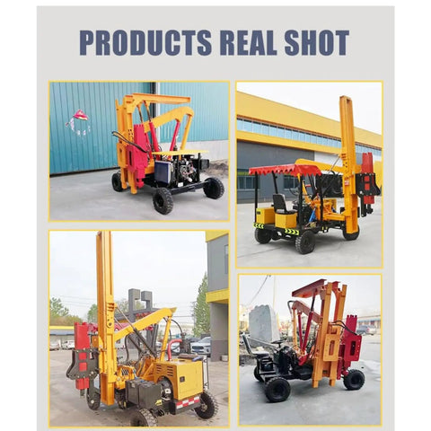 Collage of a Beast Of A High Efficiency Pile Driver For Guardrail Posts And Road Construction Jobs with various angles and features.