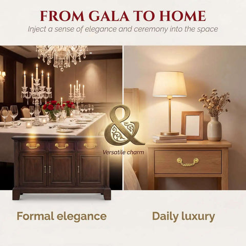 Formal dining room and cozy bedroom with Six Pack 4.5 Inch Center To Center Drawer Pulls Antique Drop Bail Handles Vintage Style Gold Finish.