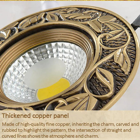Close-up of Set Of 12 Top Shelf Brass Recessed Downlights 3.8 Inch with thickened copper panel detailing.