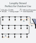 Diagram showing Ambience Pro Solar Powered Outdoor String Lights 48 Ft with 15 shatterproof LED bulbs and solar panel.