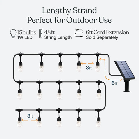 Diagram showing Ambience Pro Solar Powered Outdoor String Lights 48 Ft with 15 shatterproof LED bulbs and solar panel.