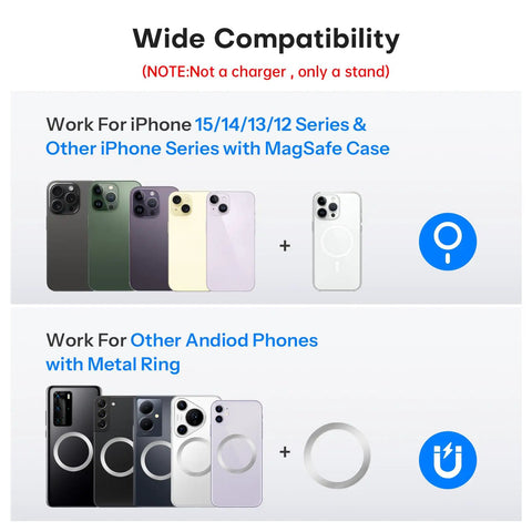Compatibility chart for 360 Degree Rotating Magnetic Phone Stand For Desk With Adjustable Foldable Aluminum MagSafe Holder And Non Slip Base, showing iPhone and Android suitability.