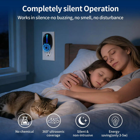 Upgraded Ultrasonic Pest Repeller Indoor Plug In With 3 Mode Switching 6 Pack in bedroom with sleeping family and cat.