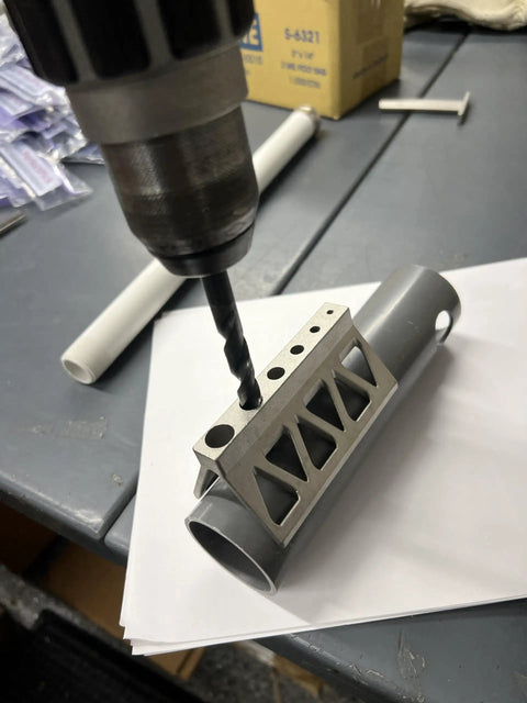 Pipe Drill Jig for Cylinders and Pipes Contractor Grade 440 Stainless Steel Heat Treated for Maximum Hardness and Life Guide Centers Drill Bit On The Cylinder in use with a drill