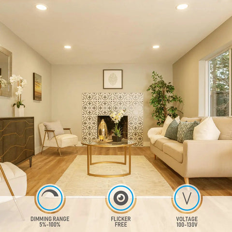 Living room with Low Profile 6 Inch LED Recessed Light With Junction Box Pack Of 4, 3000K Warm White, 12W Equal To 100W overhead