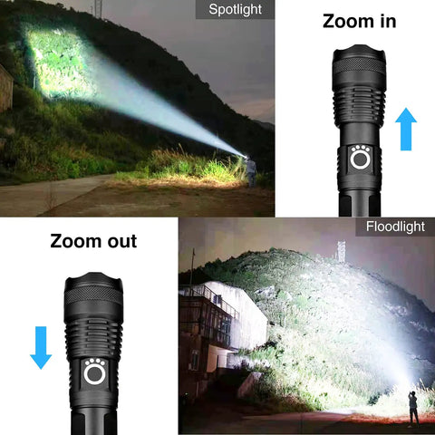 Rechargeable Flashlight 900000 Lumens Ultra Bright LED With 5 Modes And Zoomable Beam, spotlight to floodlight display