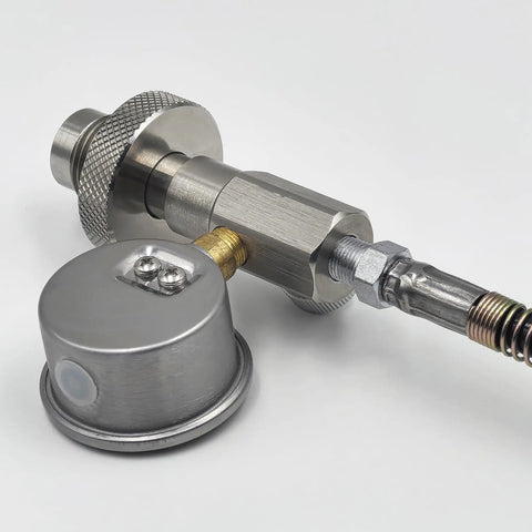 Heavy Duty Paintball And Airsoft Tank Fill Station With 37 Inch Hose Stainless Steel Build DIN Thread Five Eighth BSPP High Pressure 4600 PSI HPA Refill Connector on white background