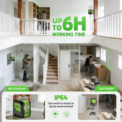 Dope Self Leveling Green Cross Line Laser Level With Tripod, 100Ft Range, Perfect For Picture Hanging, Tile, Decor And DIY Construction, Indoor Use, Battery Powered AA And Picture Hanging Strips Included, shown in kitchen and bath setup