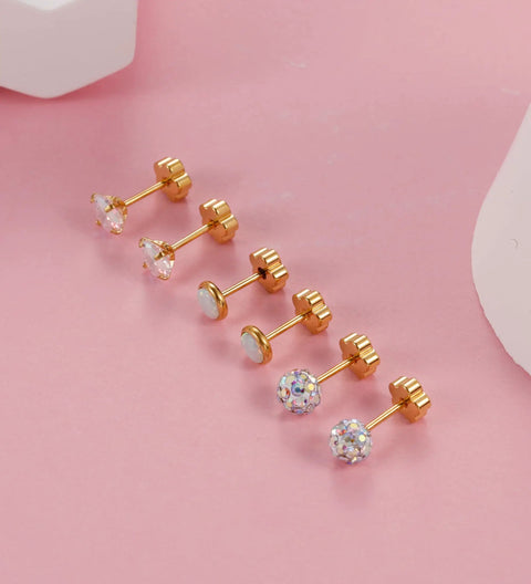 4 Pairs Screw Back Stud Earrings Set For Women Hypoallergenic 316L Stainless Steel And 14K Gold Blend 20G Flat Back Earrings Opal Heart Star Crystal Ball Cartilage Jewelry Pack Dope Everyday Accessory, on pink background