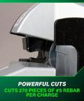 Close-up of the cutting mechanism of the Badass Cordless Rebar Bender and Cutter, showcasing powerful cuts for heavy steel tasks.