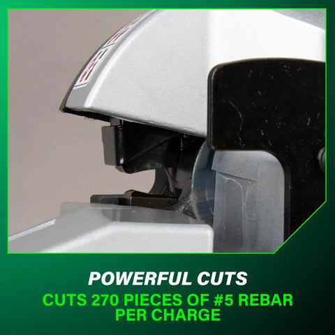 Close-up of the cutting mechanism of the Badass Cordless Rebar Bender and Cutter, showcasing powerful cuts for heavy steel tasks.