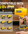 Person holding Cordless Leaf Blower With 20V Power, Turbo Jet Brushless Motor Reaches Up To 580,000 RPM, 3 Nozzles Included