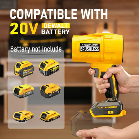 Person holding Cordless Leaf Blower With 20V Power, Turbo Jet Brushless Motor Reaches Up To 580,000 RPM, 3 Nozzles Included