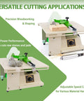 Heavy Duty 1380W Lapidary Saw Kit With Water-Cooled Table showing speed control and cutting wood, stones, and jade