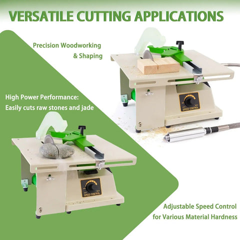 Heavy Duty 1380W Lapidary Saw Kit With Water-Cooled Table showing speed control and cutting wood, stones, and jade