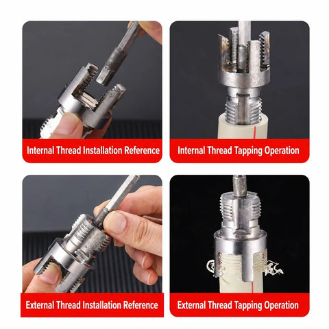 8-Piece Pipe Chamfering And Extractor Combo Set For 1/2 To 1 Inch Conduits With Heavy Duty Screw Remover Internal External Plastic Tube Threader Kit Plus Work Gloves Plumber Tapes For Smooth Fixes, thread cutting demo