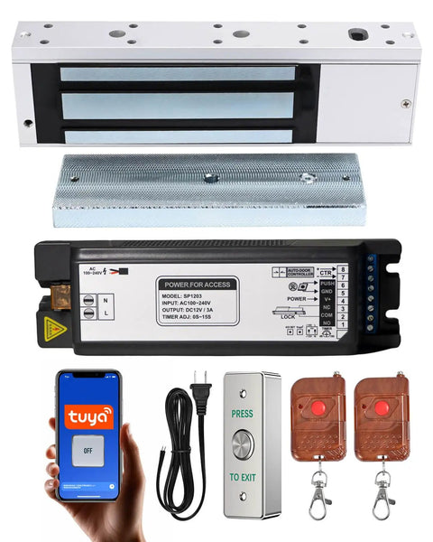 Door Access Control System Kit With 1200Lbs Magnetic Lock Tuya App Remote Access Stainless Steel Exit Button Power Supply Controller Simple Setup For Home Or Office Use showing components including lock, controller, button, remotes, and Tuya app on phone
