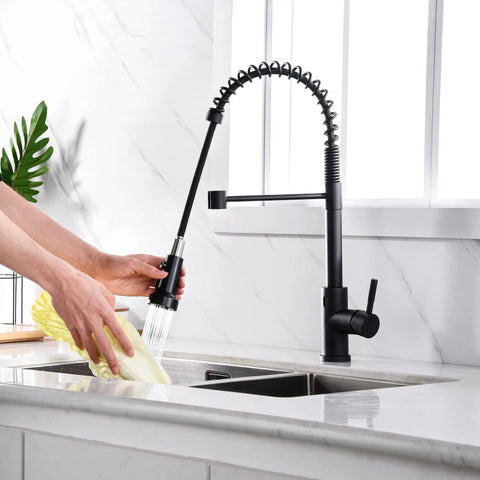 No Sweat Matte Black Kitchen Faucet Replacement Head With Solid 15 Piece Adapter Kit Pull Down Sink Sprayer Nozzle in use.