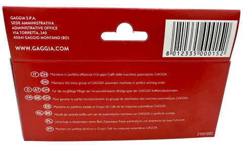 Back of Gaggia packaging for Bean To Cup Cleaning Service Kit With Lubricating Grease, includes multilingual instructions.