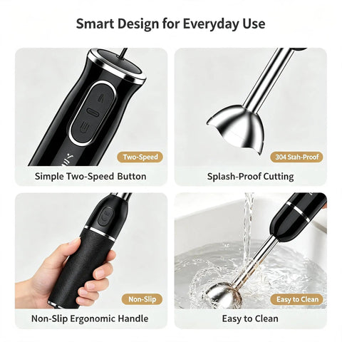 Heavy Duty 800W Immersion Hand Blender Built To Chop And Puree Without Breaking A Sweat Variable Speed And Turbo Boost Delivers Silky Smooth Results Quick Pull Apart Design Rock Solid 304 Stainless Steel Blades United Kingdom Plug Black ergonomic handle and splash-proof cutting feature