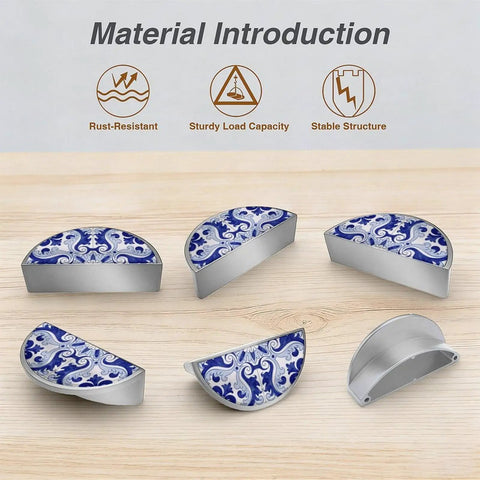 Ink Blue White Scroll Tile Cabinet Handles 2 Pack 3 Inch Hole Center Semicircle Drawer Pulls Solid Zinc Alloy Hardware In Brushed Nickel Durable Kitchen Bathroom Dresser Pulls With Boho Talavera Inspired Pattern displayed on wood surface
