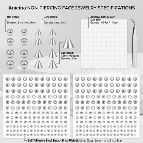 Stick On Fake Piercings Set For Eyebrow Nose And Lip Studs Non Piercing Faux Facial Jewelry For Women And Men Easy Test Piercing Styles Perfect For Parties And Festivals Replacement Balls Edgy Look, silver-plated studs and adhesive pads
