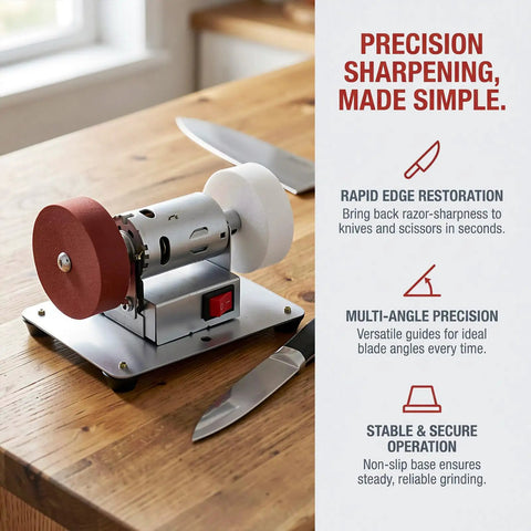 Compact Desktop Sanding And Polishing Machine With Easy As Pie Plug And Go Setup on wooden counter with kitchen knife.