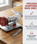 Tough Desktop Belt Sander And Badass Knife Sharpener Featuring Adjustable Grinding Angles Easy Plug-In Design Compact Motorized Finishing Machine Perfect For Rust Removal And Metalwork Jobs on a wooden table.