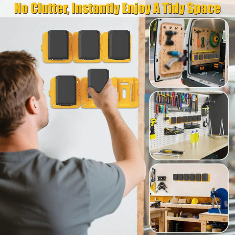 Man mounting Six Pack Battery Mount Holder for Dewalt 20V 60V Batteries on workshop wall, compatible with DCB models
