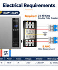 Heavy Hitter 18Kw Electric Tankless Water Heater Electrical requirements, featuring wiring details, breaker needs, and digital display.