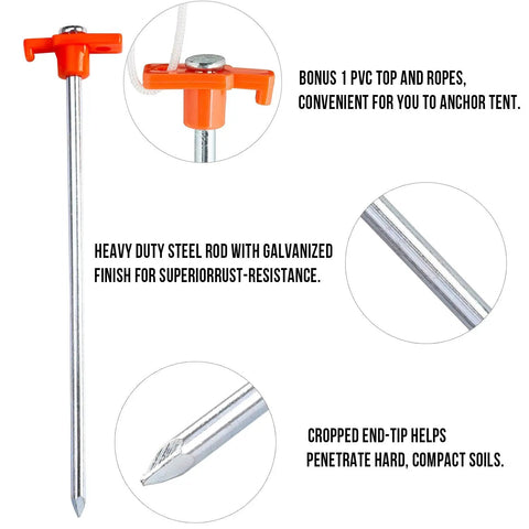 11 Inch Tent Stakes 10 Pack Heavy Duty Ground Anchors for Outdoor Camping, rustproof galvanized steel with orange PVC top detail.